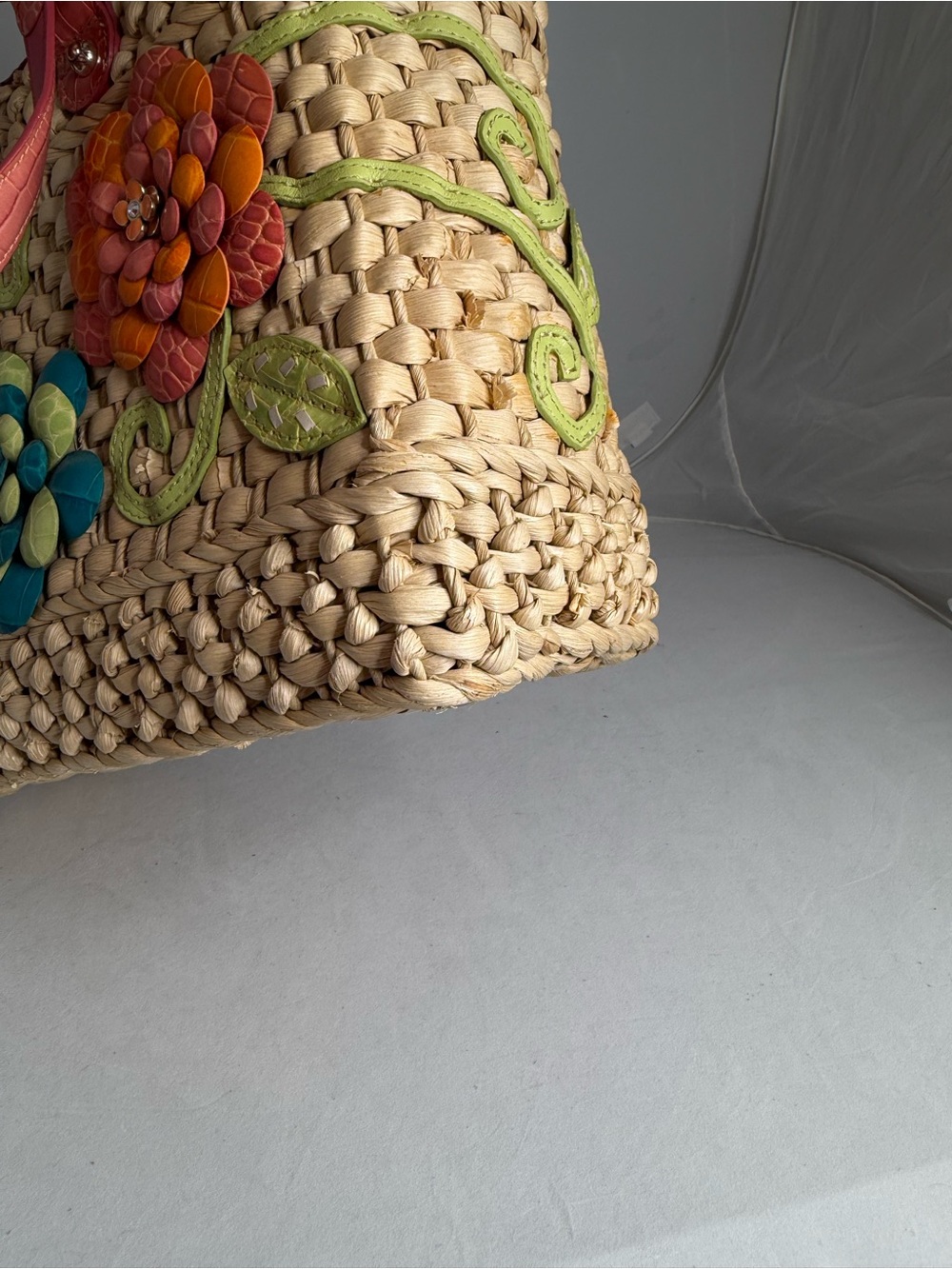 Brighton Beige Straw Tote with Pink Trim and Multicolor leather Floral Appliqués - Picture 11 of 12